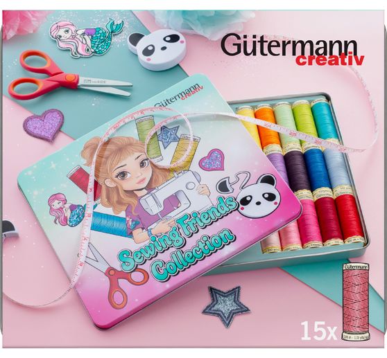 Set de fils &agrave; coudre G&uuml;termann Sewing Friends Collection Box 15 x 100 m, avec accessoires