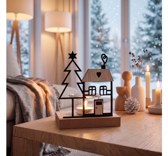 VBS Tealight holder "House & fir tree", incl. glass holder