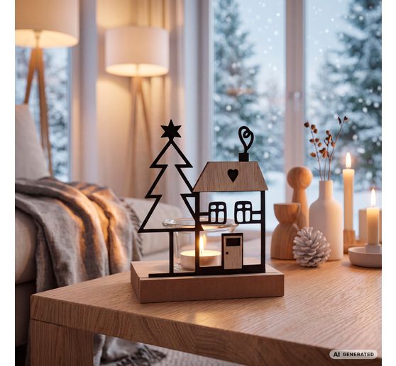 Bougeoir pour bougie chauffe-plat VBS &laquo; Maison & sapin &raquo;, avec verre