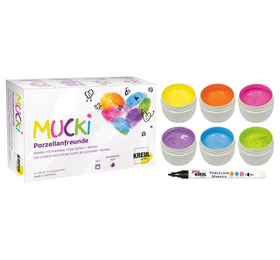 Peinture au doigt pour porcelaine + marqueur &laquo; Porzellanfreunde &raquo; MUCKI, 6 x 50 ml