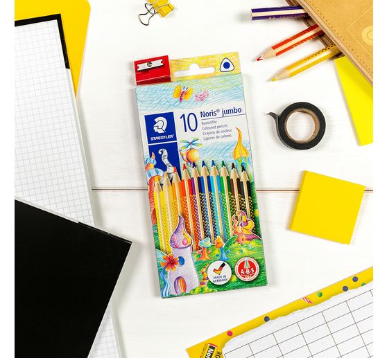 Crayons de couleur STAEDTLER &laquo; Noris Jumbo &raquo;, 10 couleurs + taille-crayon