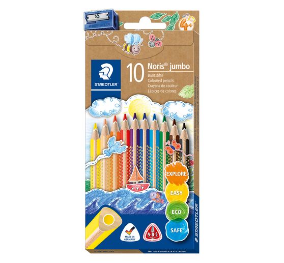 Crayons de couleur STAEDTLER &laquo; Noris Jumbo &raquo;, 10 couleurs + taille-crayon