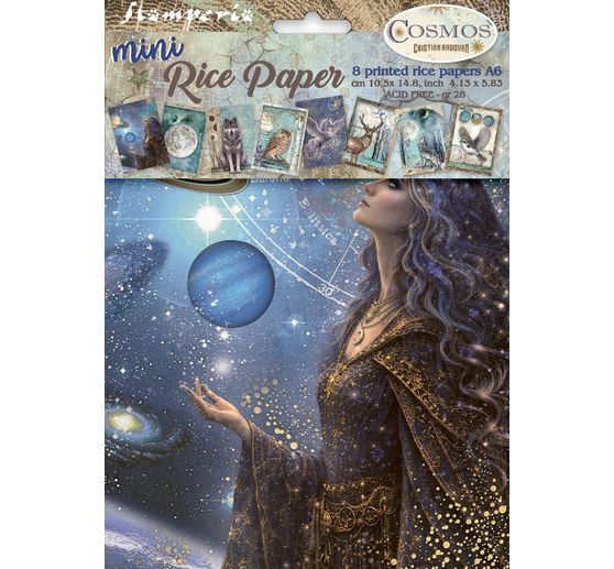 Assortiment de soies de paille &agrave; motifs Stamperia &laquo; Cosmos &raquo;, DIN A6, set de 8 pi&egrave;ces