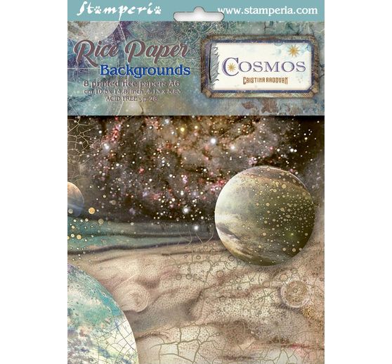 Soie de paille &agrave; motifs backgrounds Stamperia &laquo; Cosmos &raquo;, DIN A6, set de 8 pi&egrave;ces