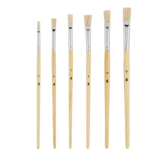 Set De 6 Pinceaux Plats VBS Nature - Tailles N°2, 4, 6, 8, 10, 12 - Manche Bois, Poils Courts - Pour Peinture Acrylique, Gouache