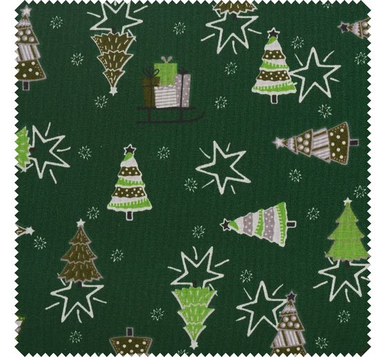 Tissu coton au mètre « Sapins, étoiles et cadeaux » 