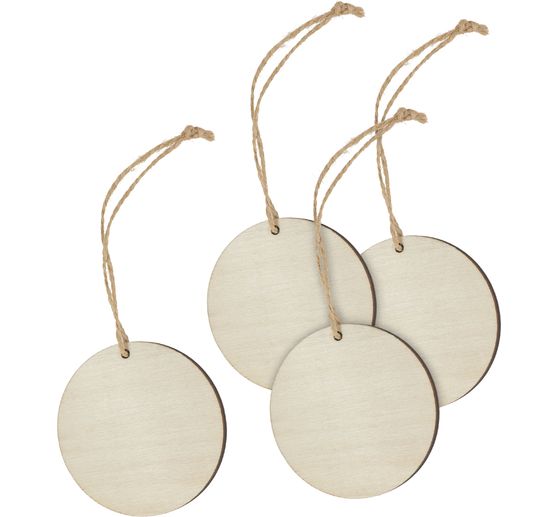 Breloque en bois "ronde" avec ruban, set de 4 pièces