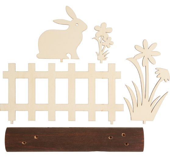 Décoration à emboîter en bois sur tronc d'arbre VBS « Lapin à la clôture du jardin »