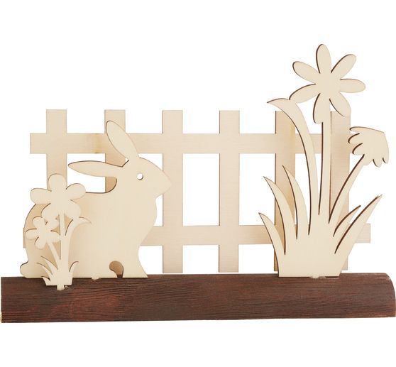 Décoration à emboîter en bois sur tronc d'arbre VBS « Lapin à la clôture du jardin »