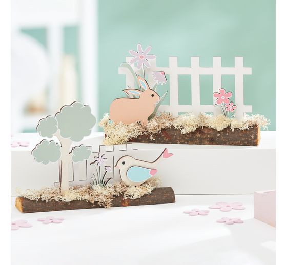 Décoration à emboîter en bois sur tronc d'arbre VBS « Lapin à la clôture du jardin »