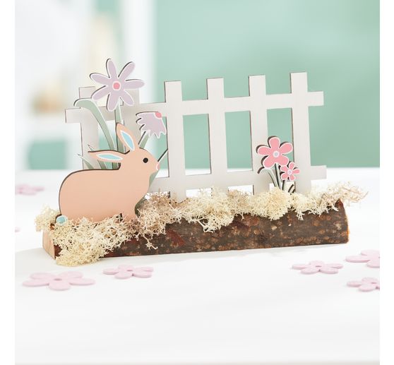 Décoration à emboîter en bois sur tronc d'arbre VBS « Lapin à la clôture du jardin »