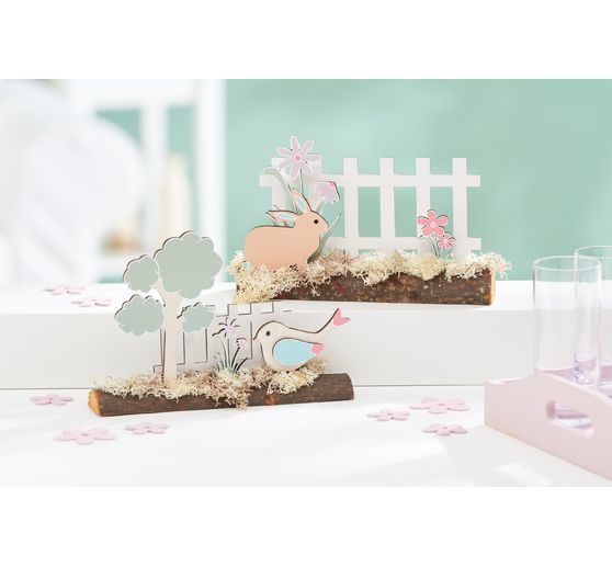 Décoration à emboîter en bois sur tronc d'arbre VBS « Lapin à la clôture du jardin »