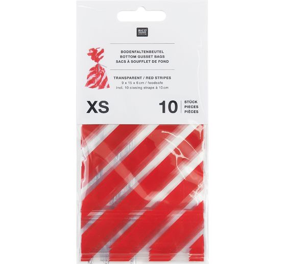 Sachets à soufflet de fond « Rayures rouges » avec ferme-sacs