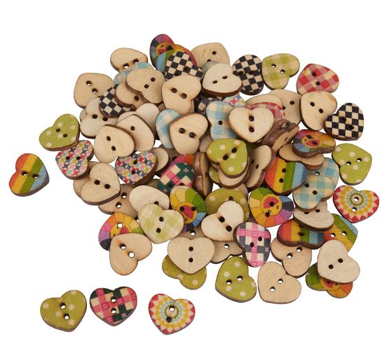 Boutons en bois VBS « Cœurs, motifs variés », 100 pc.