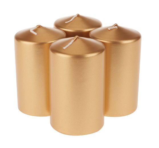 Bougies cylindriques, set de 4, laquées, Or, Ø 60 mm, H 100 mm