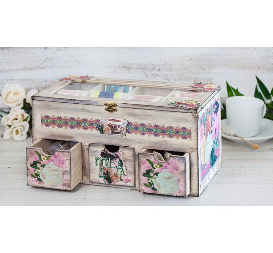 Boîte à thé avec 3 tiroirs et fenêtre VBS
