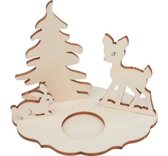 Bougeoir « Chevreuil et lapin », en bois de peuplier, env. 15,4 x 1 x 12,5 cm