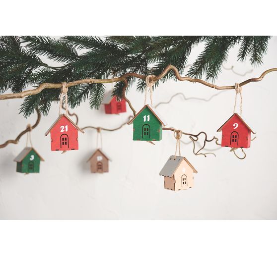 Suspensions VBS « Maisonnette », 24 pc., en contreplaqué, 6,5 x 4,2 x 6 cm