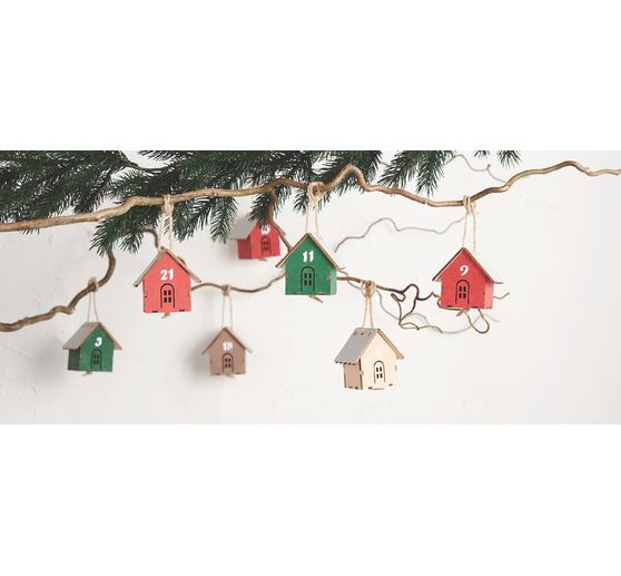 Suspensions VBS « Maisonnette », 24 pc., en contreplaqué, 6,5 x 4,2 x 6 cm