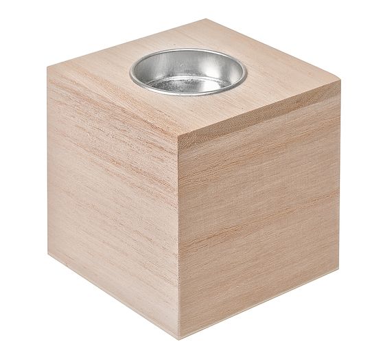 Bougeoir cube VBS, bois brut, env. 8 x 8 x 8 cm