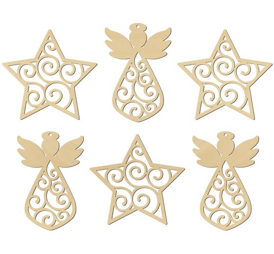 Suspensions « Ange & étoile », 6 pc. peuplier, env. 7-7,5 cm