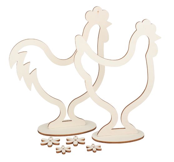 Figurine à poser « Coq et poule », peuplier, env. 38 et 41 cm