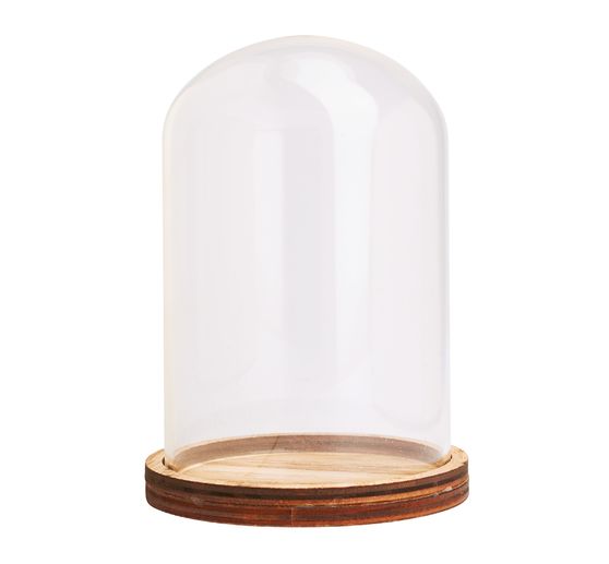 CLOCHE VERRE SOCLE BOIS H.19CM