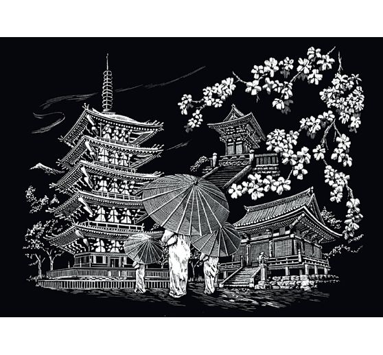 Carte à gratter « Temple de Kyoto,», Argent, 28 x 39 cm