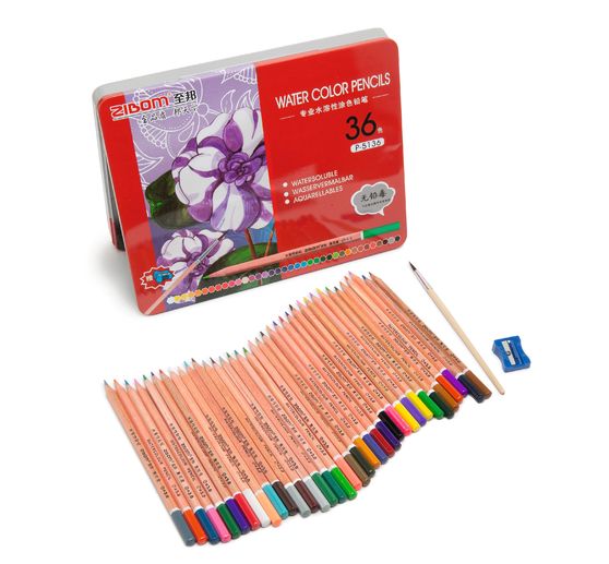 Crayons aquarellables VBS, 36 couleurs, boîte métal